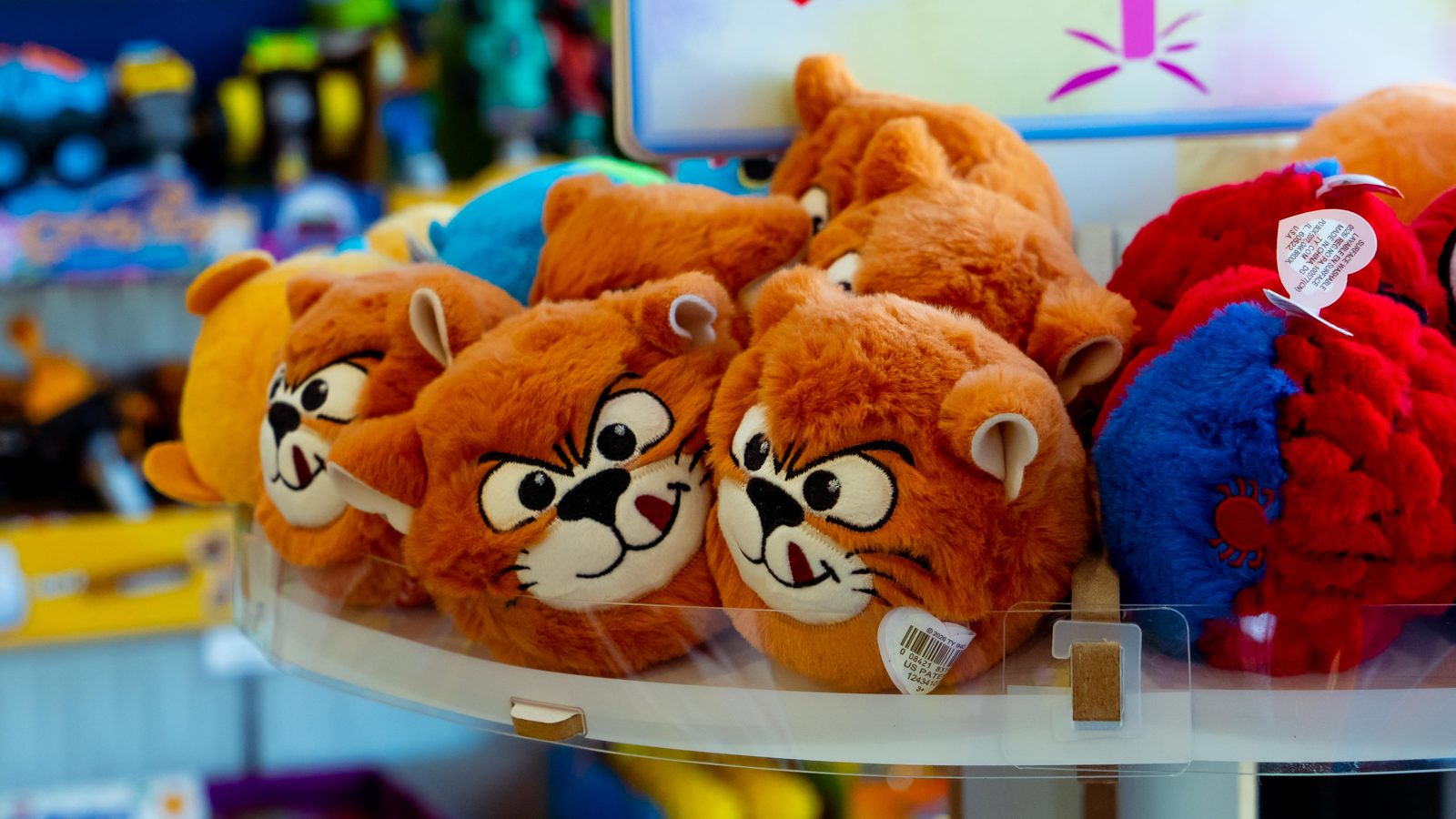 Plush toy bears displayed on a shelf in the toy section