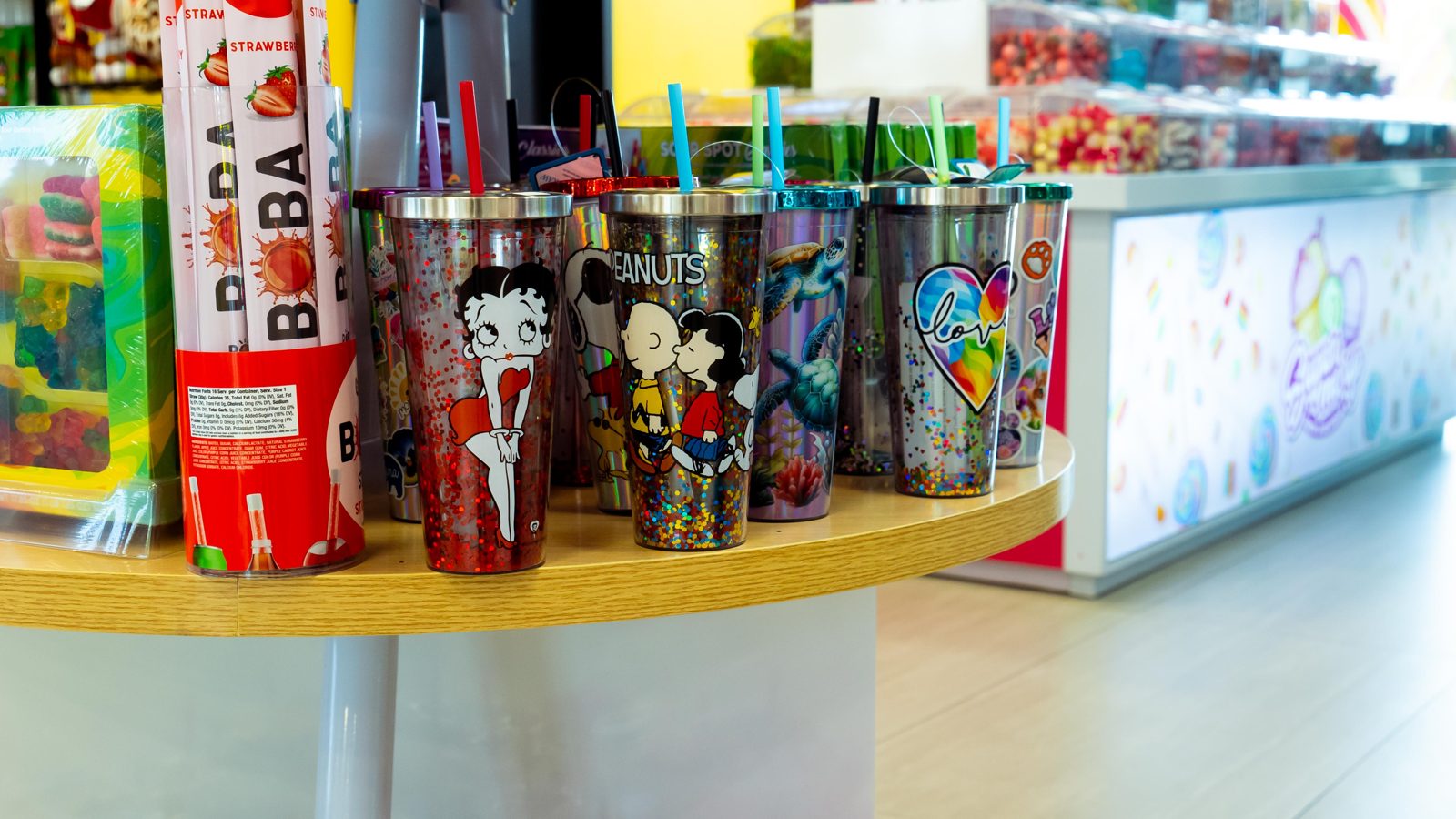 Character boba tumblers and novelty drink cups on display